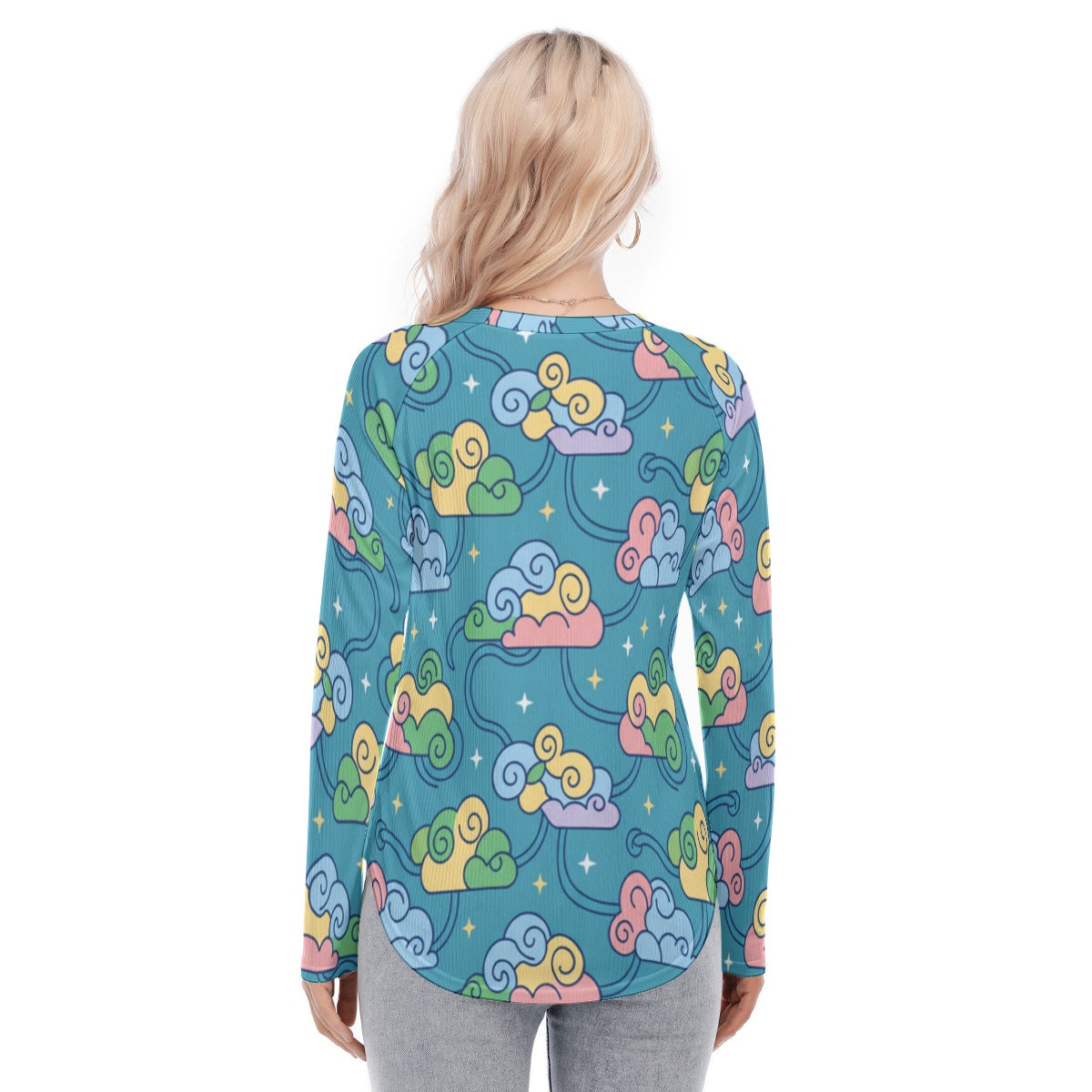 Women's Raglan Sleeves U-Shaped Hem Long Sleeves Blouse