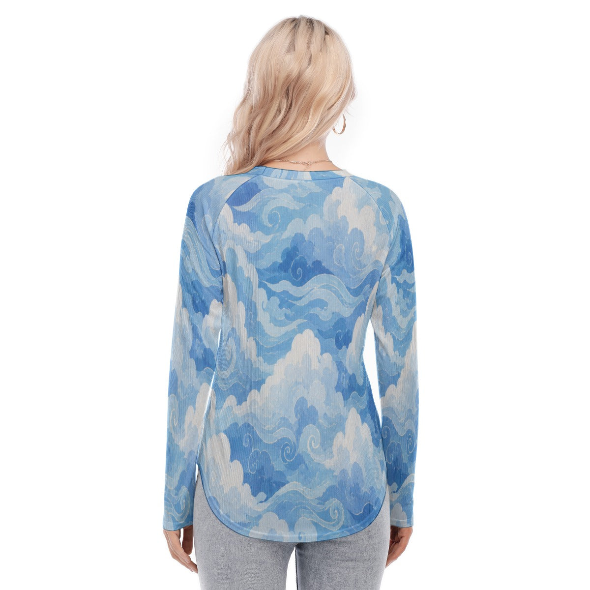 Women's Raglan Sleeves U-Shaped Hem Long Sleeves Blouse