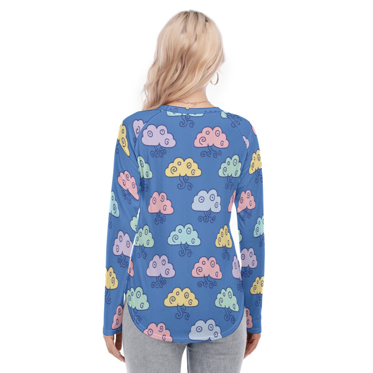 Women's Raglan Sleeves U-Shaped Hem Long Sleeves Blouse