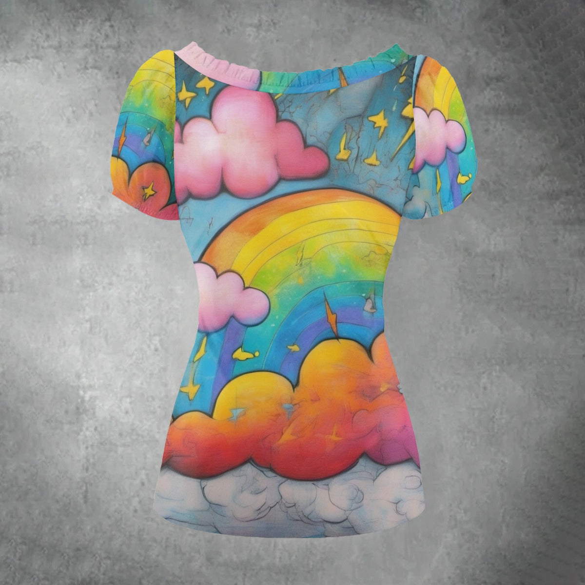 All-over print Women's Puff Sleeve Pleated Shirt