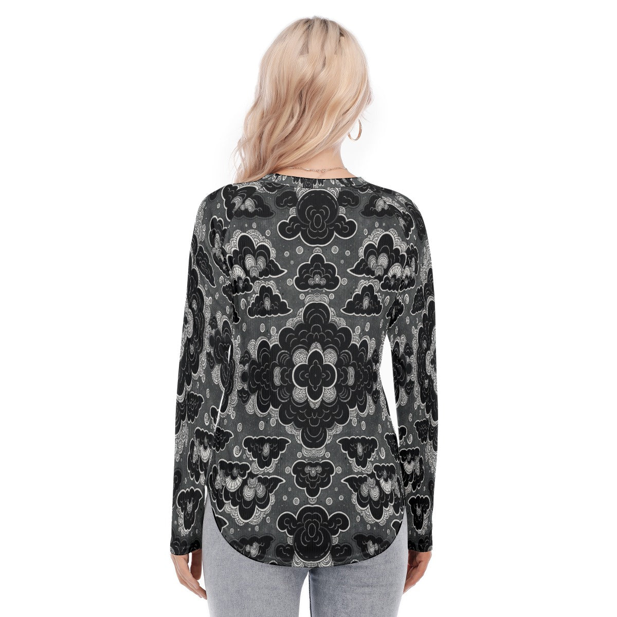Women's Raglan Sleeves U-Shaped Hem Long Sleeves Blouse