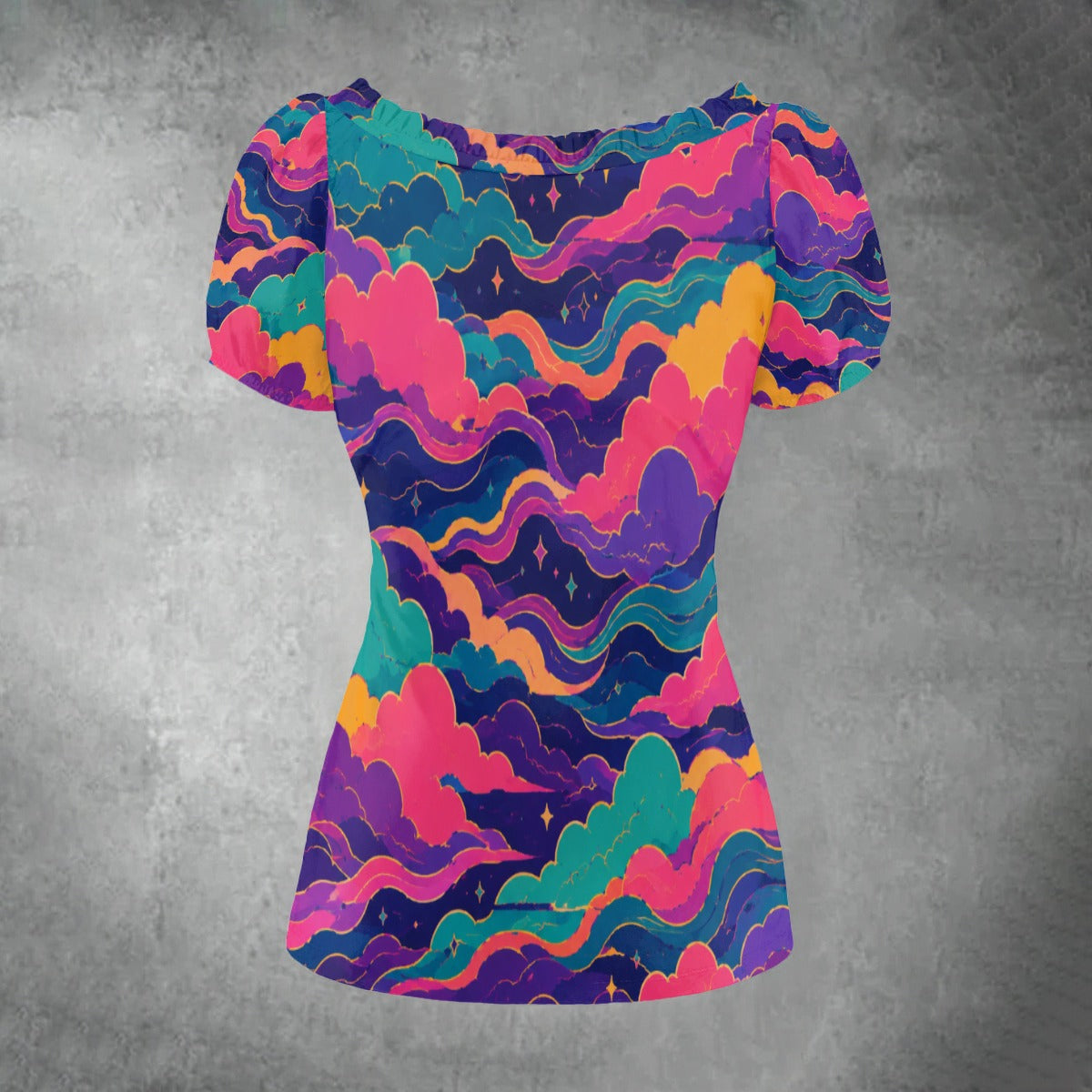 All-over print Women's Puff Sleeve Pleated Shirt