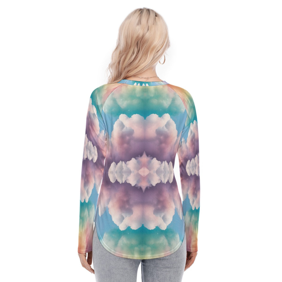 Women's Raglan Sleeves U-Shaped Hem Long Sleeves Blouse