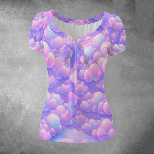 All-over print Women's Puff Sleeve Pleated Shirt