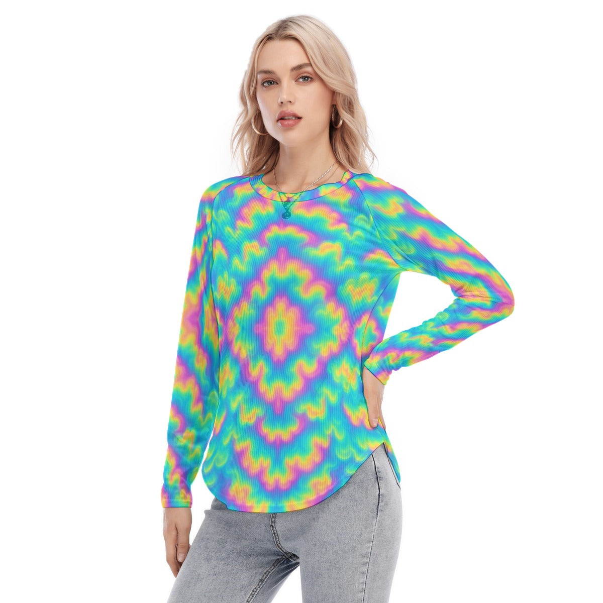 Women's Raglan Sleeves U-Shaped Hem Long Sleeves Blouse