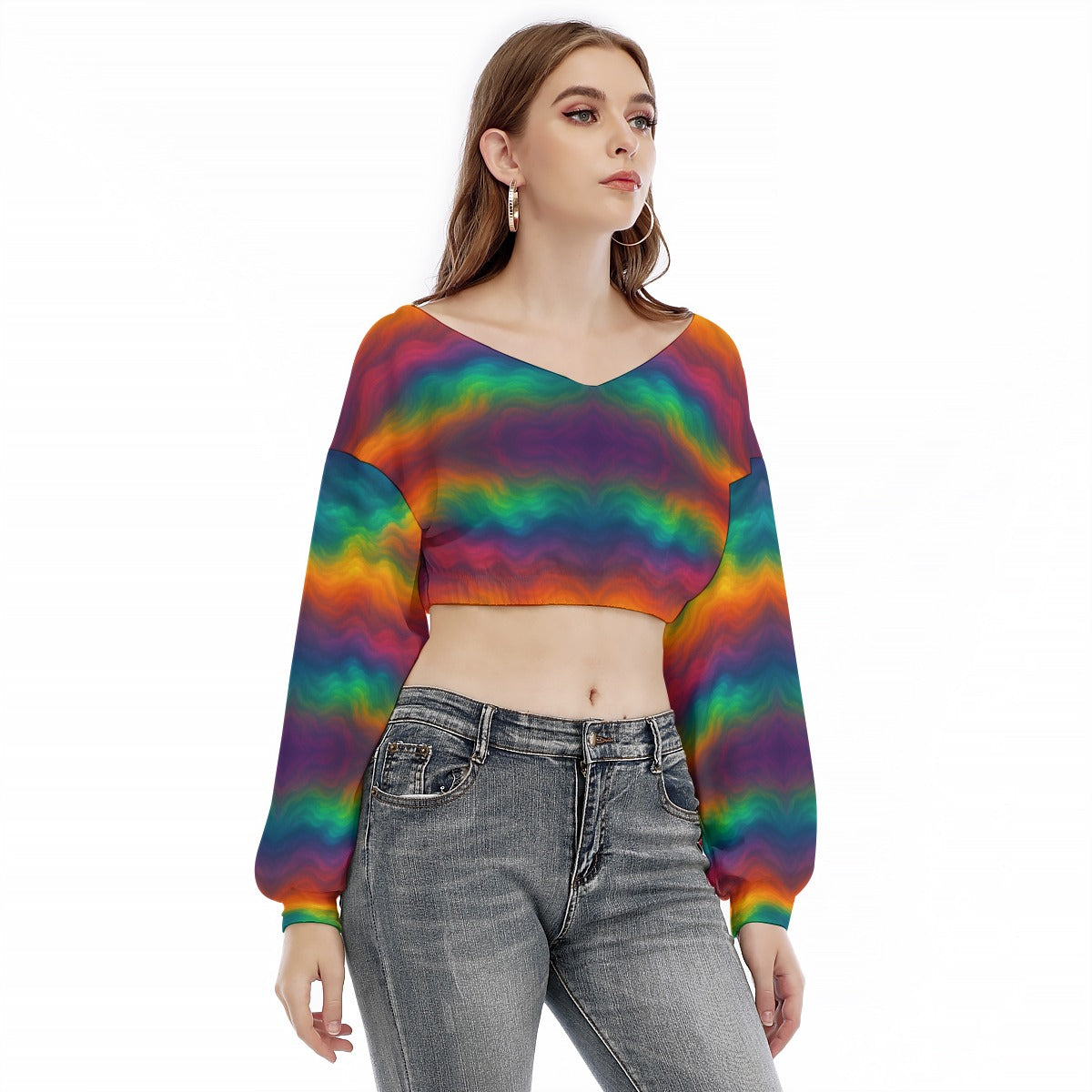 Women's V-neck Long Sleeve Cropped Sweatshirt