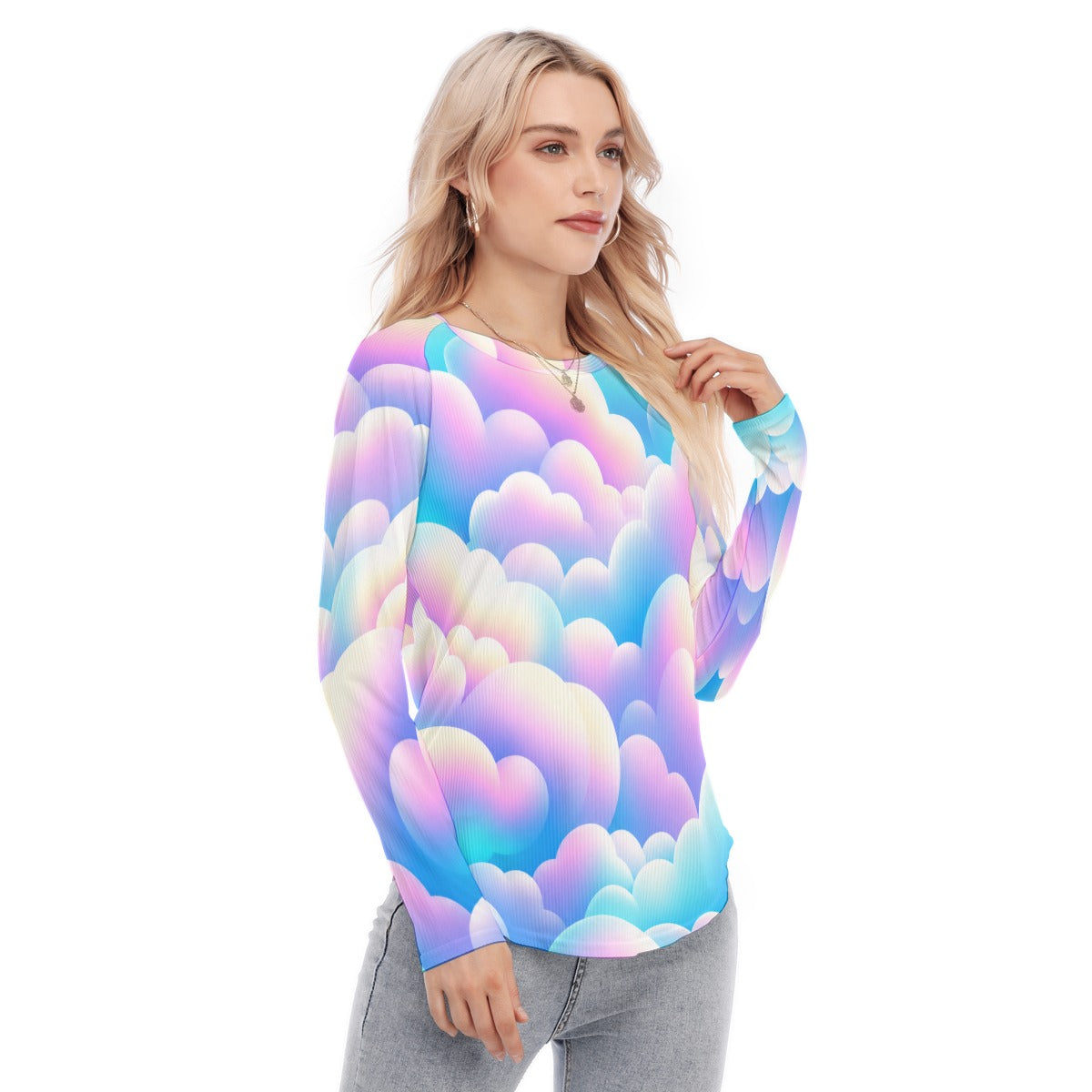 Women's Raglan Sleeves U-Shaped Hem Long Sleeves Blouse
