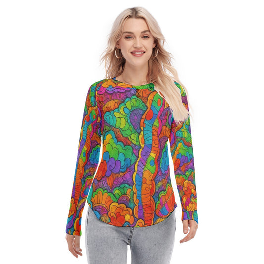 Women's Raglan Sleeves U-Shaped Hem Long Sleeves Blouse