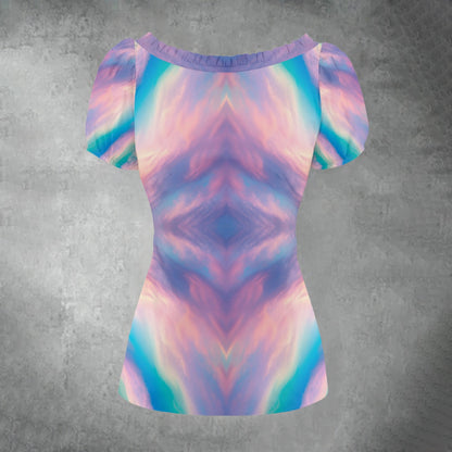 All-over print Women's Puff Sleeve Pleated Shirt