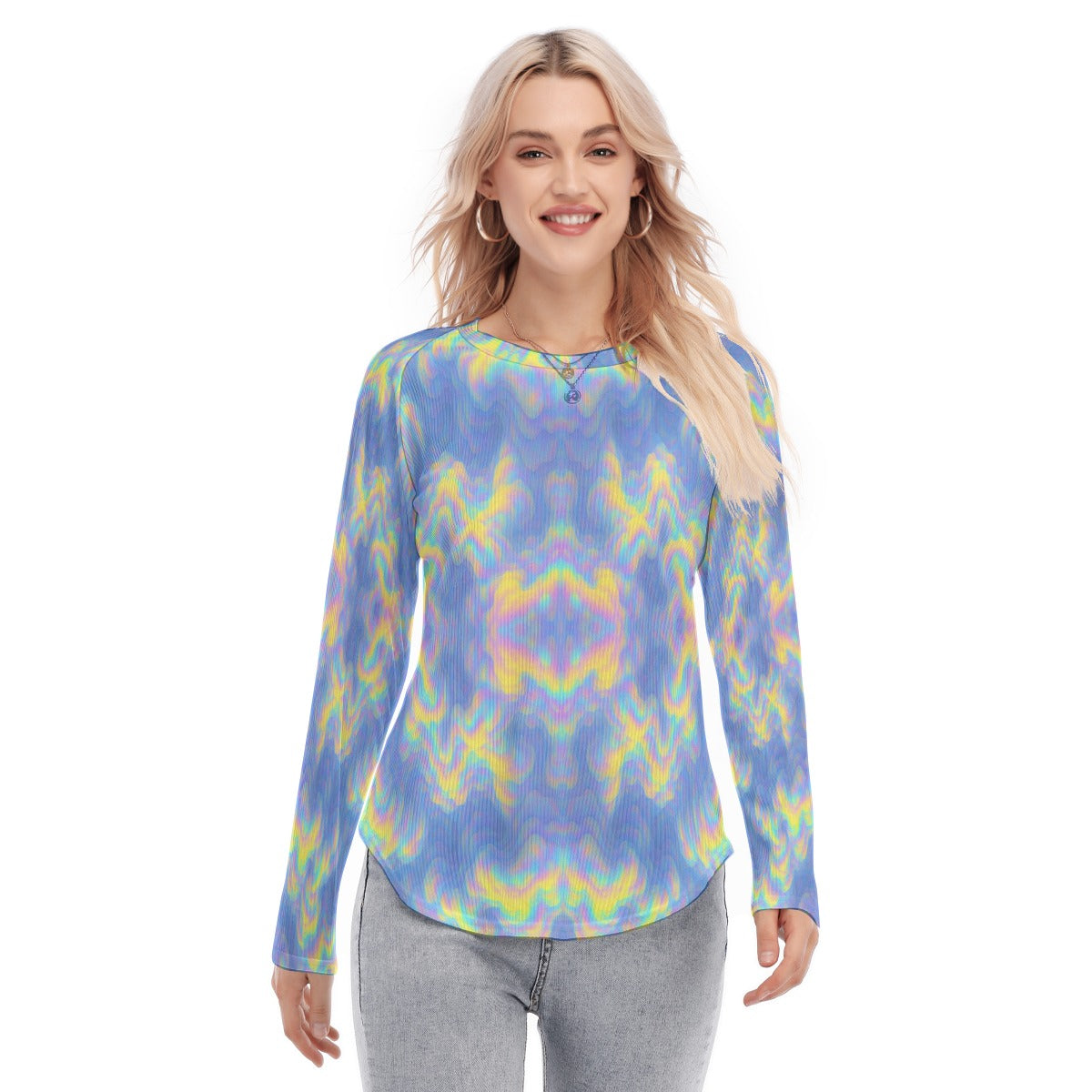 Women's Raglan Sleeves U-Shaped Hem Long Sleeves Blouse