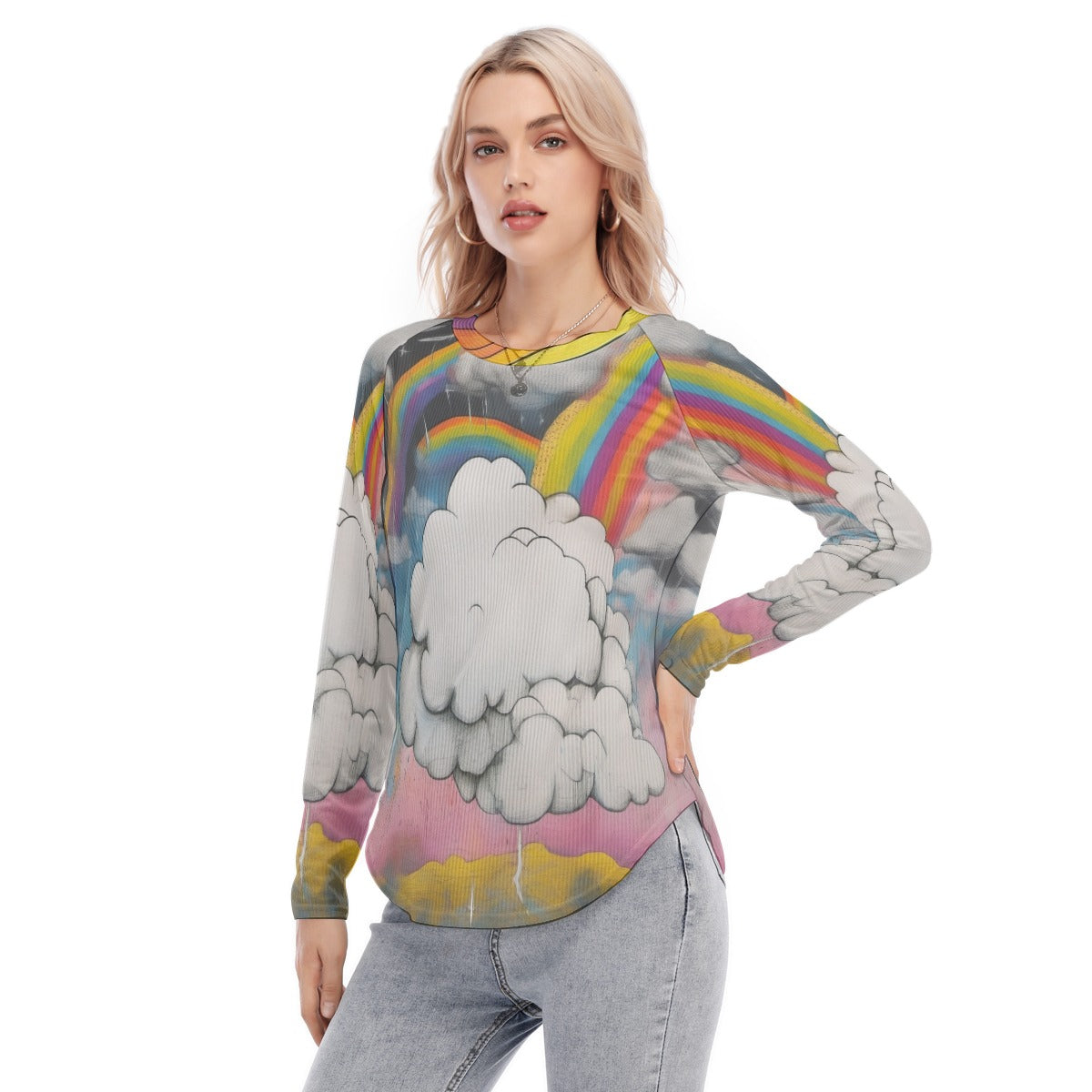 Women's Raglan Sleeves U-Shaped Hem Long Sleeves Blouse