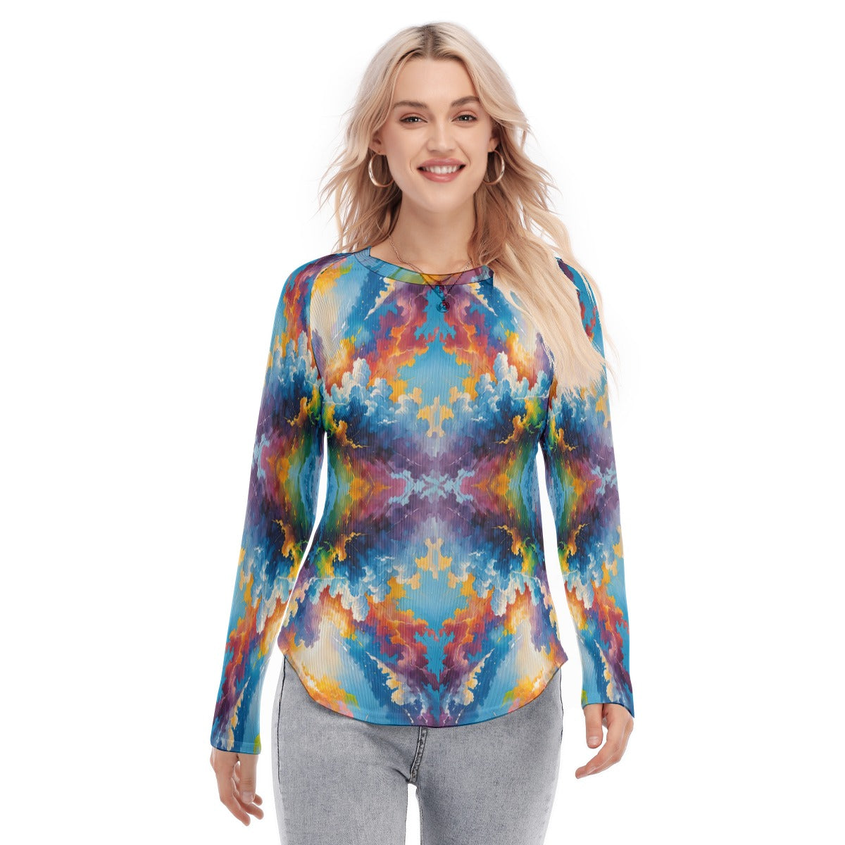 Women's Raglan Sleeves U-Shaped Hem Long Sleeves Blouse