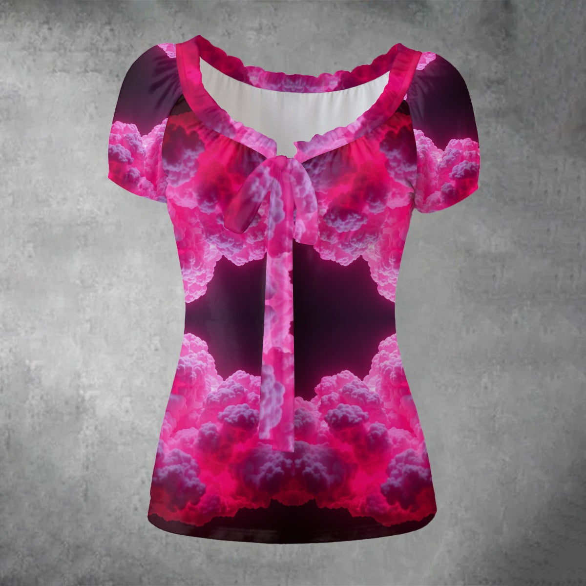 All-over print Women's Puff Sleeve Pleated Shirt