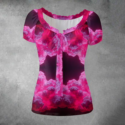 All-over print Women's Puff Sleeve Pleated Shirt