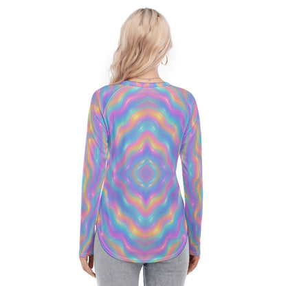 Women's Raglan Sleeves U-Shaped Hem Long Sleeves Blouse