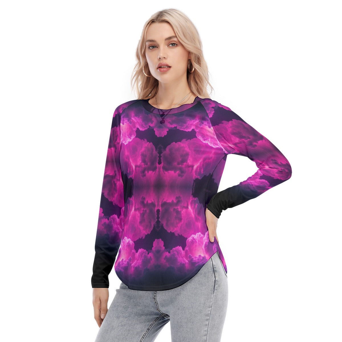 Women's Raglan Sleeves U-Shaped Hem Long Sleeves Blouse