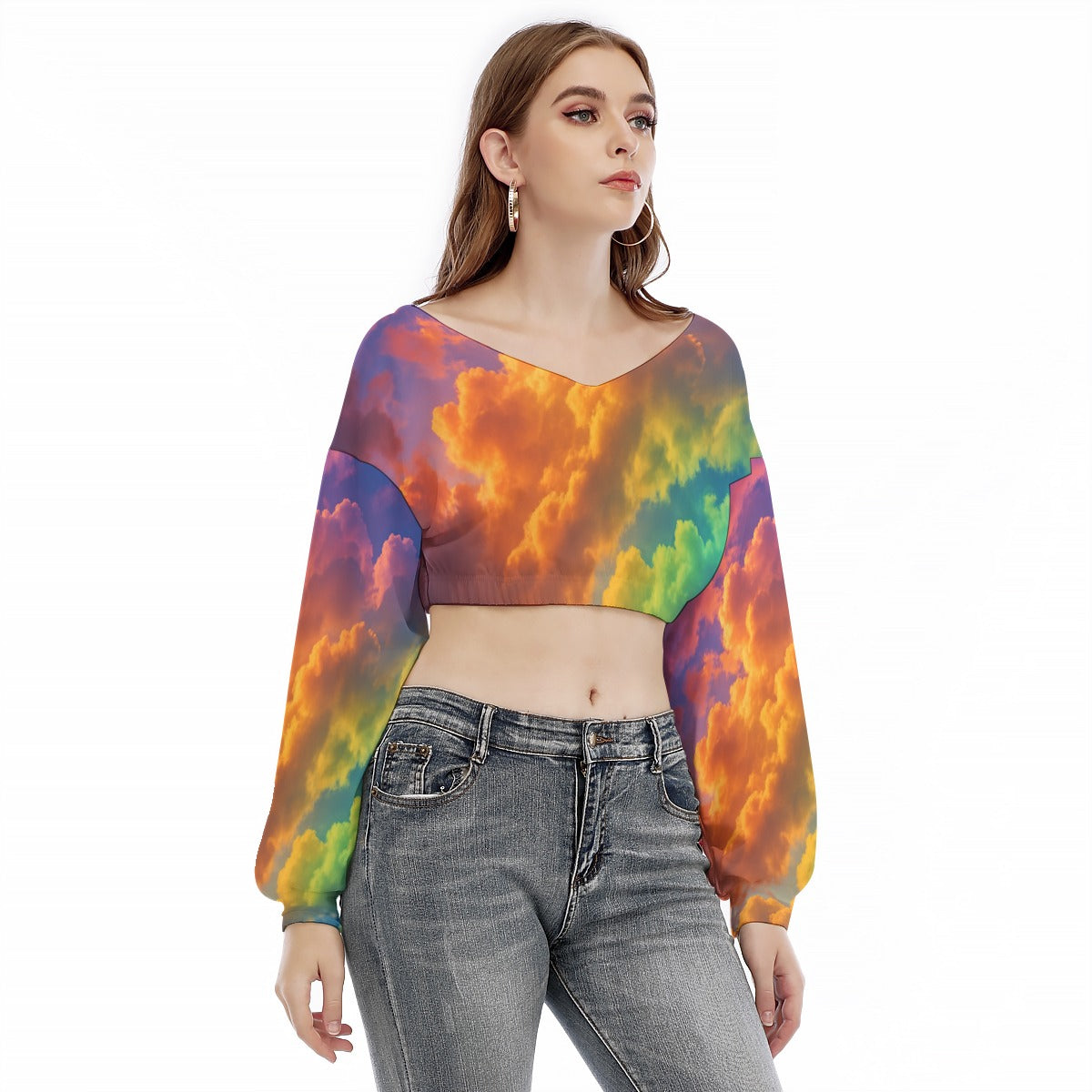 Women's V-neck Long Sleeve Cropped Sweatshirt