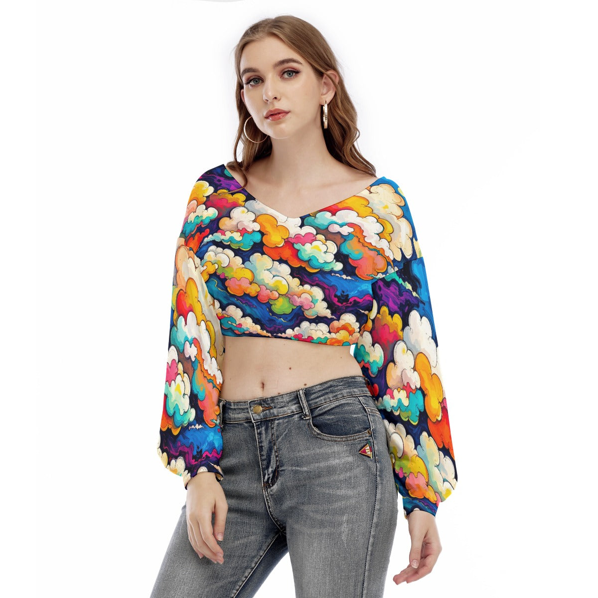 Women's V-neck Long Sleeve Cropped Sweatshirt