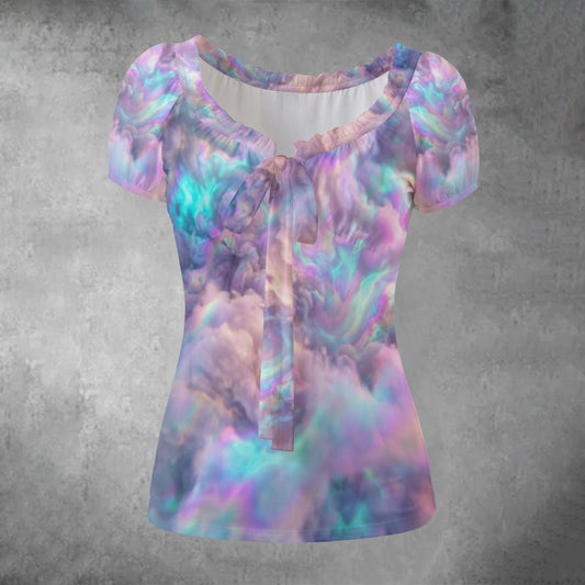 All-over print Women's Puff Sleeve Pleated Shirt