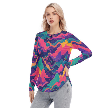 Women's Raglan Sleeves U-Shaped Hem Long Sleeves Blouse
