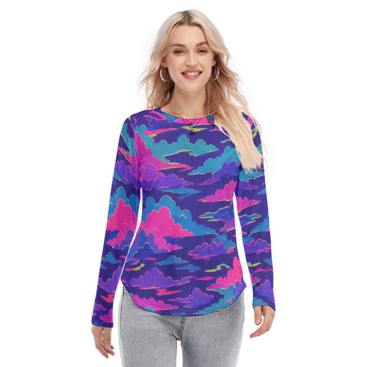 Women's Raglan Sleeves U-Shaped Hem Long Sleeves Blouse