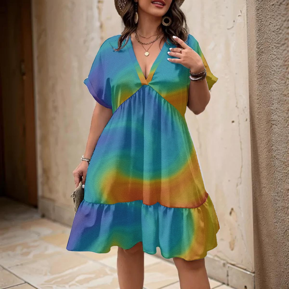 Unisex Women’s Floral V-Neck Short Sleeve Dress