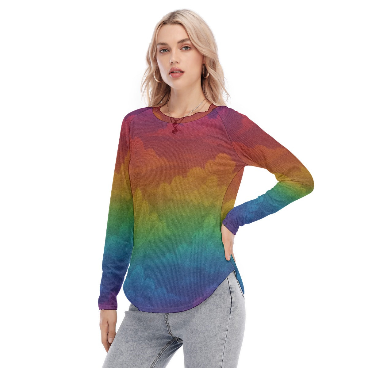 Women's Raglan Sleeves U-Shaped Hem Long Sleeves Blouse