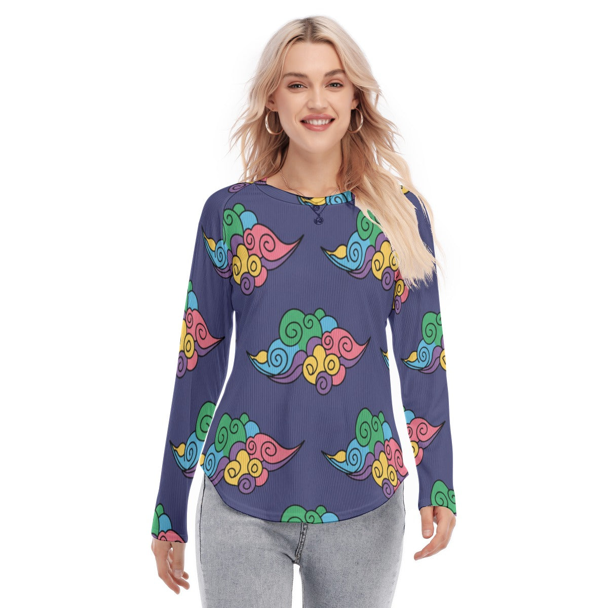 Women's Raglan Sleeves U-Shaped Hem Long Sleeves Blouse