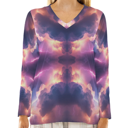 Women's Loose V-Neck T-Shirt With Long Sleeve