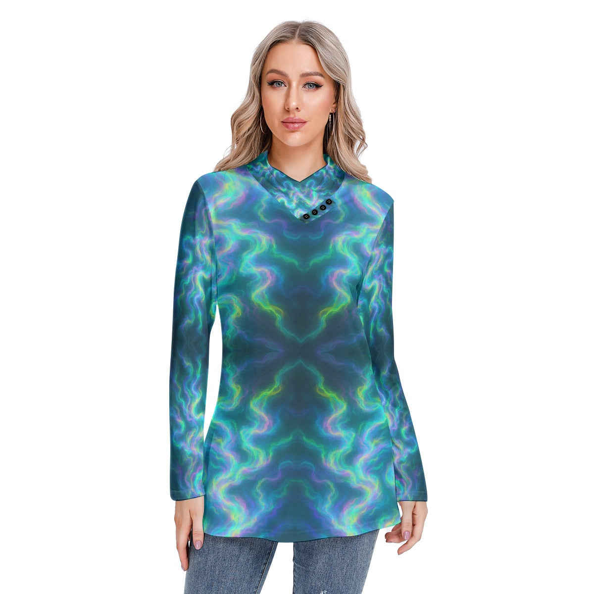 Women's Long-sleeved Heap-neck Slim Casual Tunic Blouse