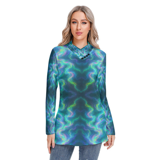 Women's Long-sleeved Heap-neck Slim Casual Tunic Blouse