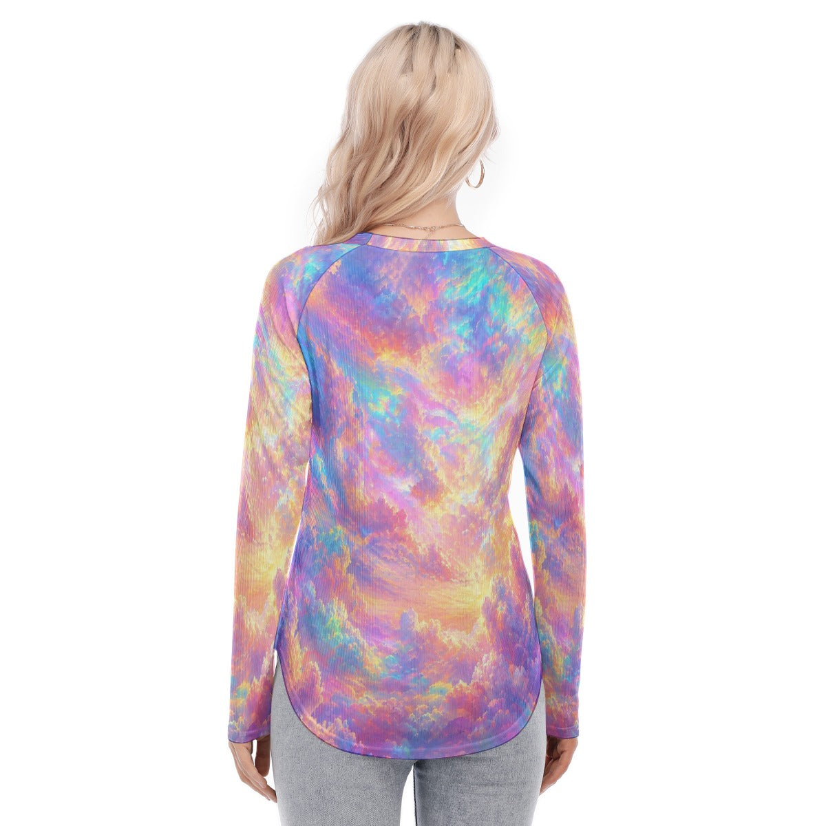 Women's Raglan Sleeves U-Shaped Hem Long Sleeves Blouse