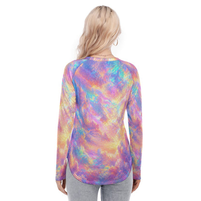 Women's Raglan Sleeves U-Shaped Hem Long Sleeves Blouse