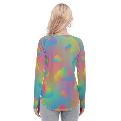 Women's Raglan Sleeves U-Shaped Hem Long Sleeves Blouse