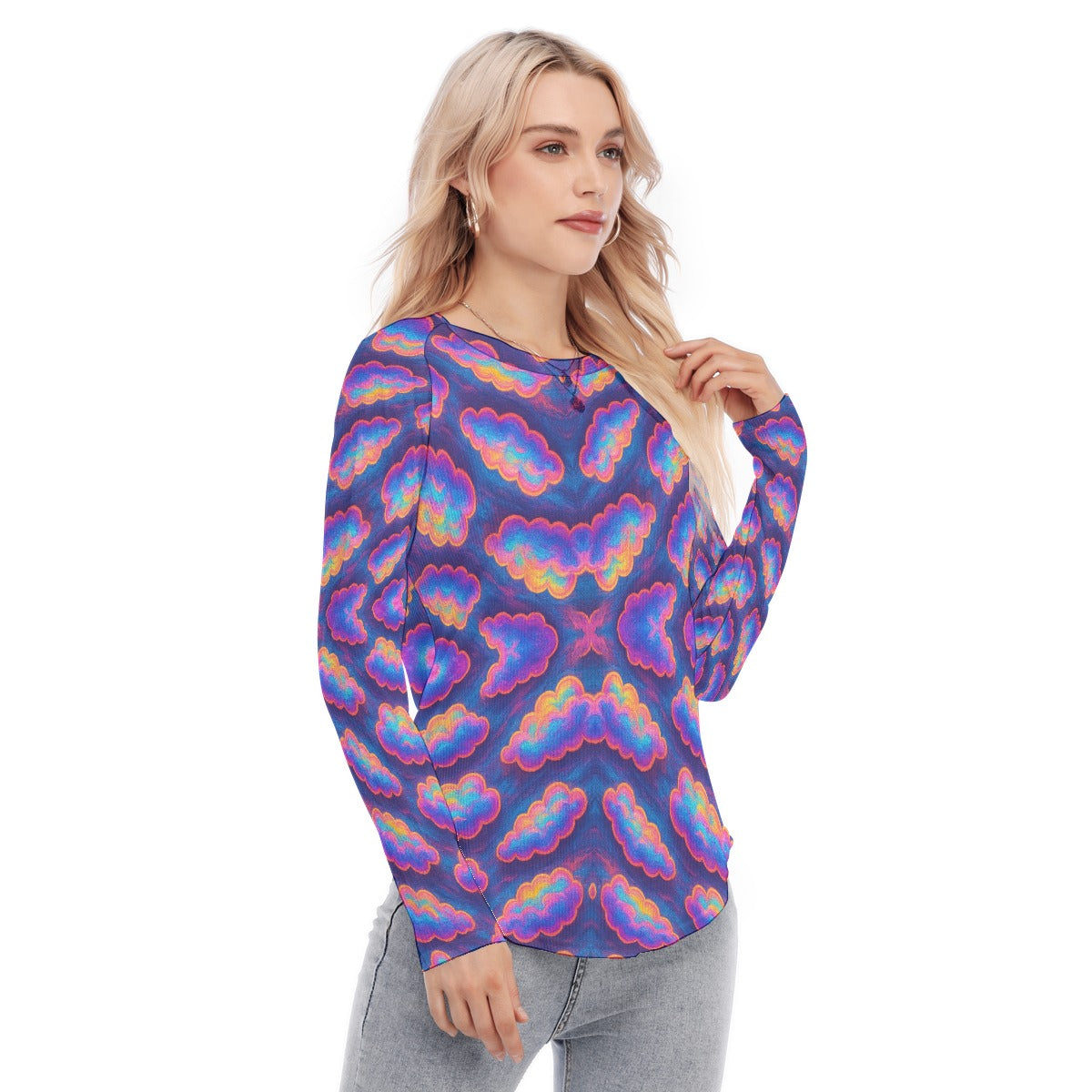 Women's Raglan Sleeves U-Shaped Hem Long Sleeves Blouse