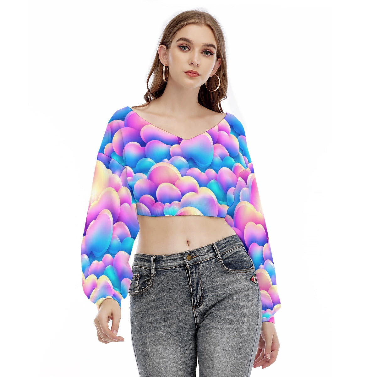 Women's V-neck Long Sleeve Cropped Sweatshirt