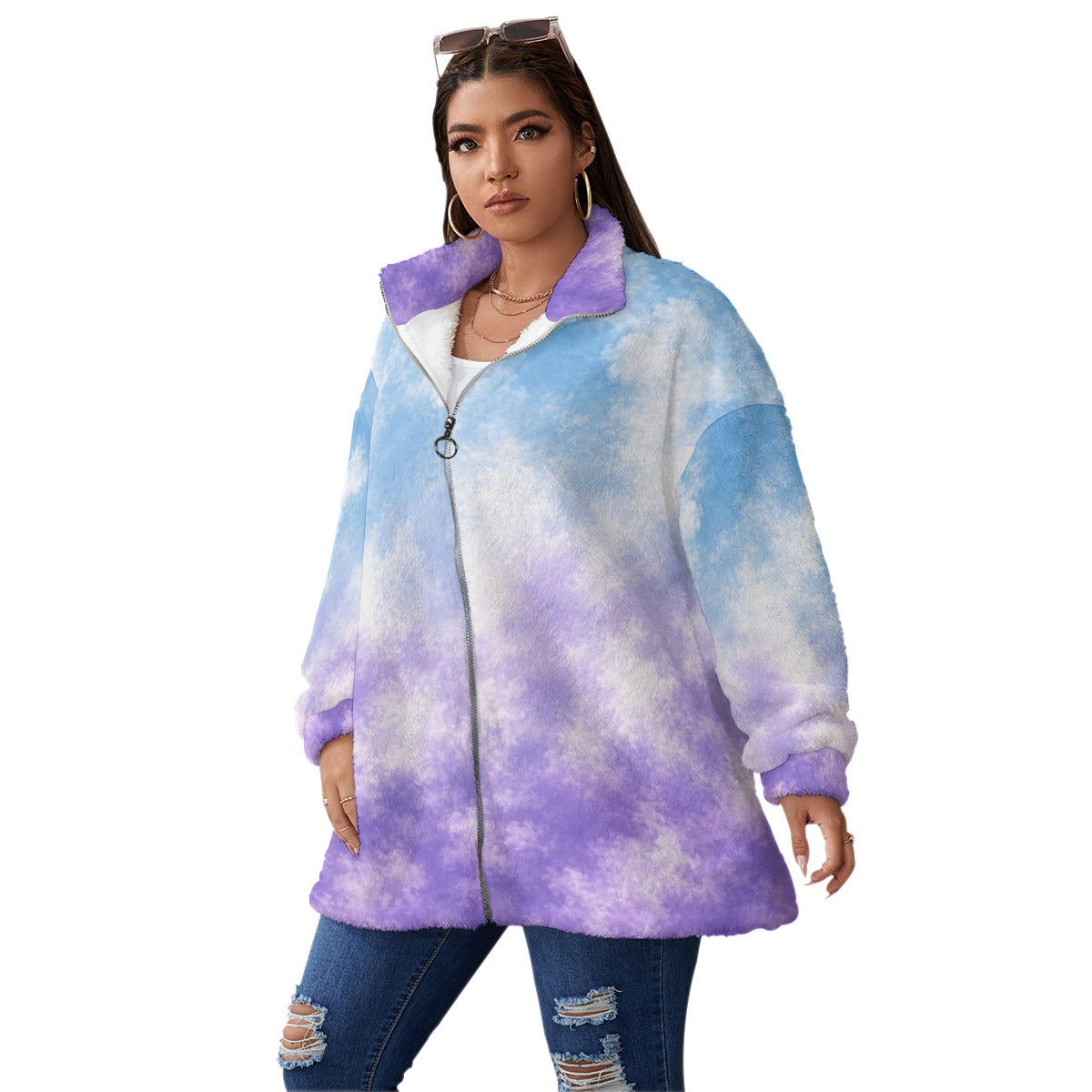Unisex Borg-Fleece Stand-Up Collar Zip Coat — Plus Size - view 2