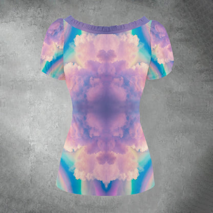 All-over print Women's Puff Sleeve Pleated Shirt
