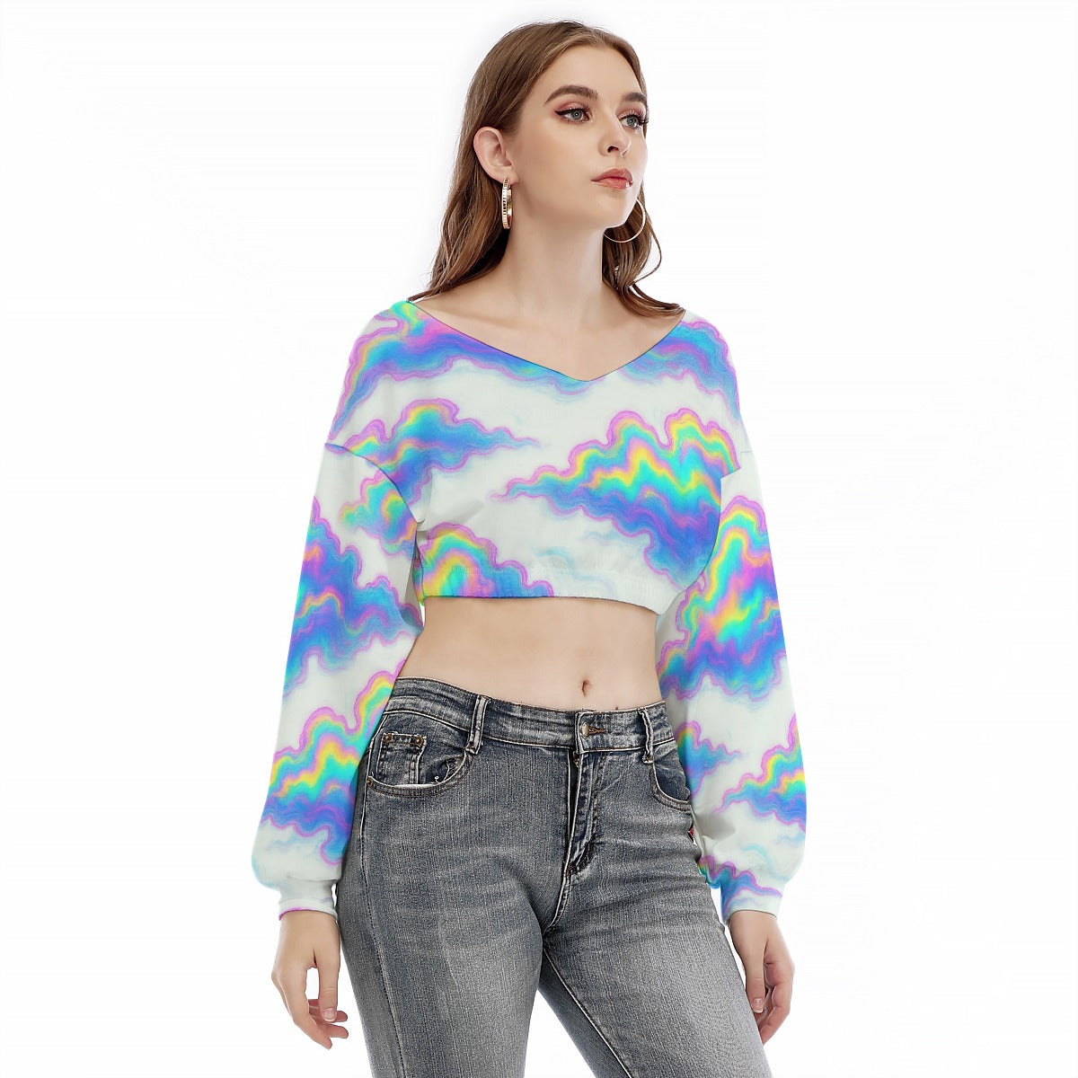 Women's V-neck Long Sleeve Cropped Sweatshirt