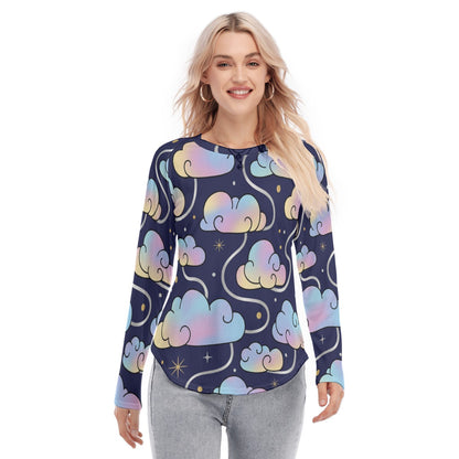 Women's Raglan Sleeves U-Shaped Hem Long Sleeves Blouse
