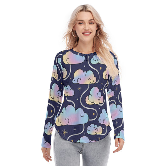 Women's Raglan Sleeves U-Shaped Hem Long Sleeves Blouse