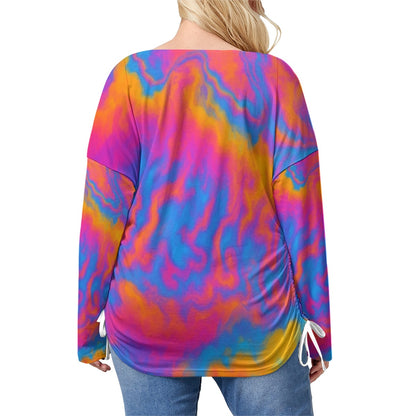 Unisex Women’s V-neck T-shirt With Side Drawstring(Plus Size)