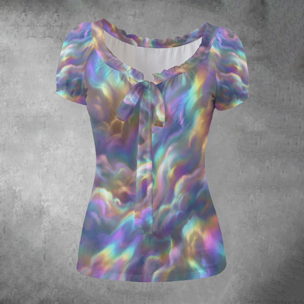 All-over print Women's Puff Sleeve Pleated Shirt