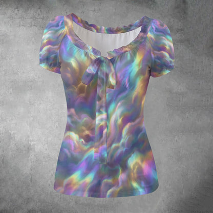 All-over print Women's Puff Sleeve Pleated Shirt