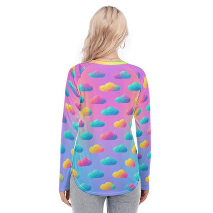 Women's Raglan Sleeves U-Shaped Hem Long Sleeves Blouse