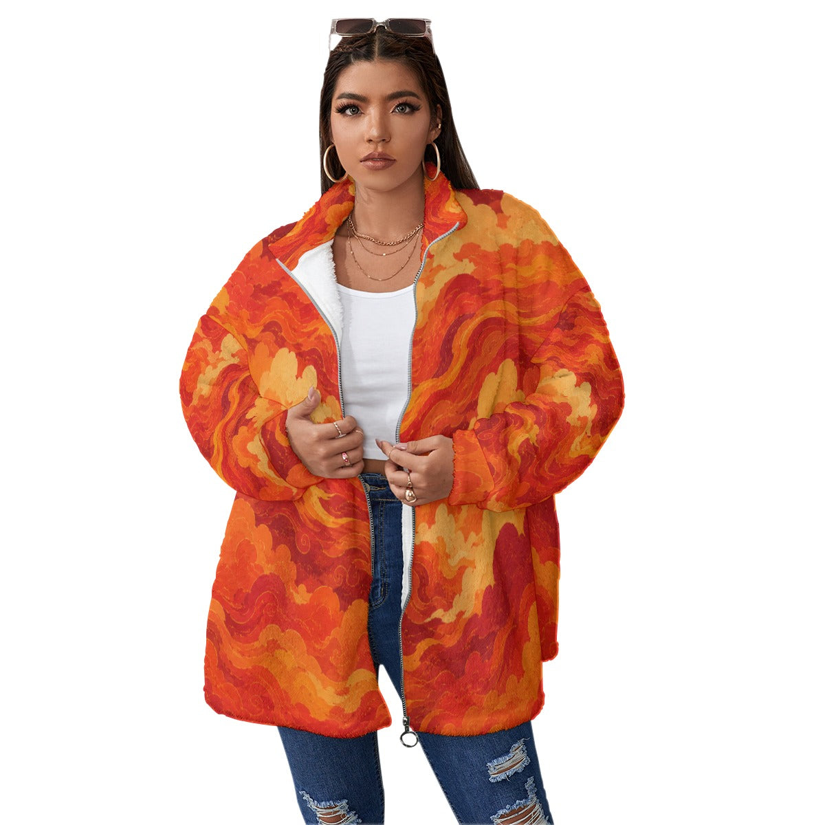 Unisex Borg Fleece Stand-up Collar Coat With Zipper Closure(Plus Size)