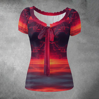 All-over print Women's Puff Sleeve Pleated Shirt