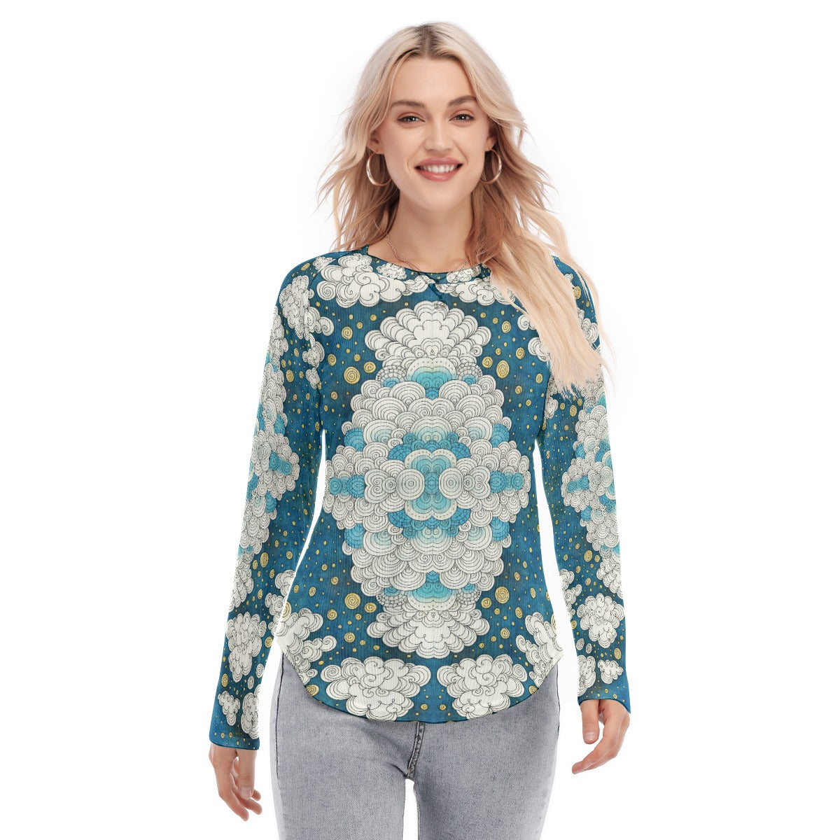 Women's Raglan Sleeves U-Shaped Hem Long Sleeves Blouse