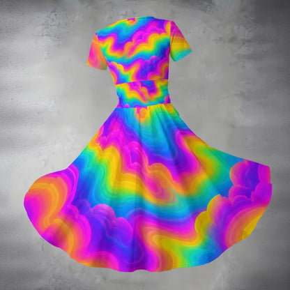All-over Print Women's Short Sleeve V Neck Midi Dress