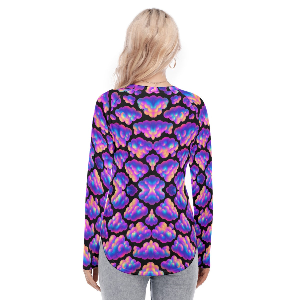 Women's Raglan Sleeves U-Shaped Hem Long Sleeves Blouse